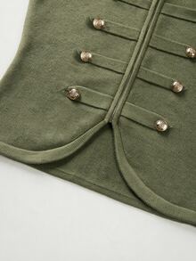 SHEIN Rompi Rajut Double Breasted Gaya Militer Napoleonik Musim Semi/Musim Gugur Terbaru untuk Wanita, Kerah Tegak, Resleting Penuh, Lengan Pendek Ukuran S - Hijau Tentara - View 3