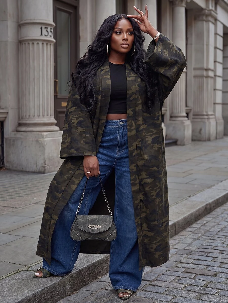 Slaydiva Spring/Autumn New Casual, Music Festival, Street, School, Back To School, Holiday Occasions Item Loose Camouflage Pattern Long Women's Plus Size Jacket-A