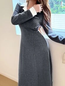 Feyla New Contrast Color Patchwork V-Neck Polo Collar Sporty Casual Preppy Short Sleeve Dress - Grey - View 5