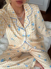 CottageSlumber Fresh Plaid Blue Ditsy Floral Lapel Button-Up Pajama Set - Yellow - View 6