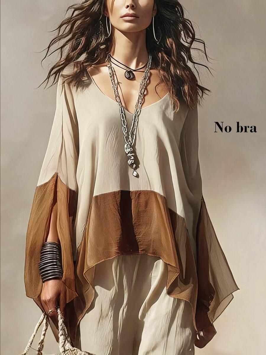 SHEIN New Women's Patchwork Contrast Color Versatile Slimming Loose Fit Blouse - Khaki - View 1