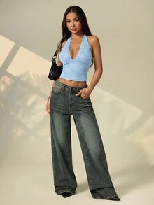 Vivamere 女款甜美性感蕾絲掛脖綁帶背心 - 淺藍色 - 查看 6