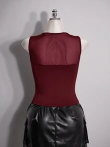 SHEIN ICON Plus Size Retro Y2K Sexy Mesh Patchwork Tank Top - Burgundy - View 2