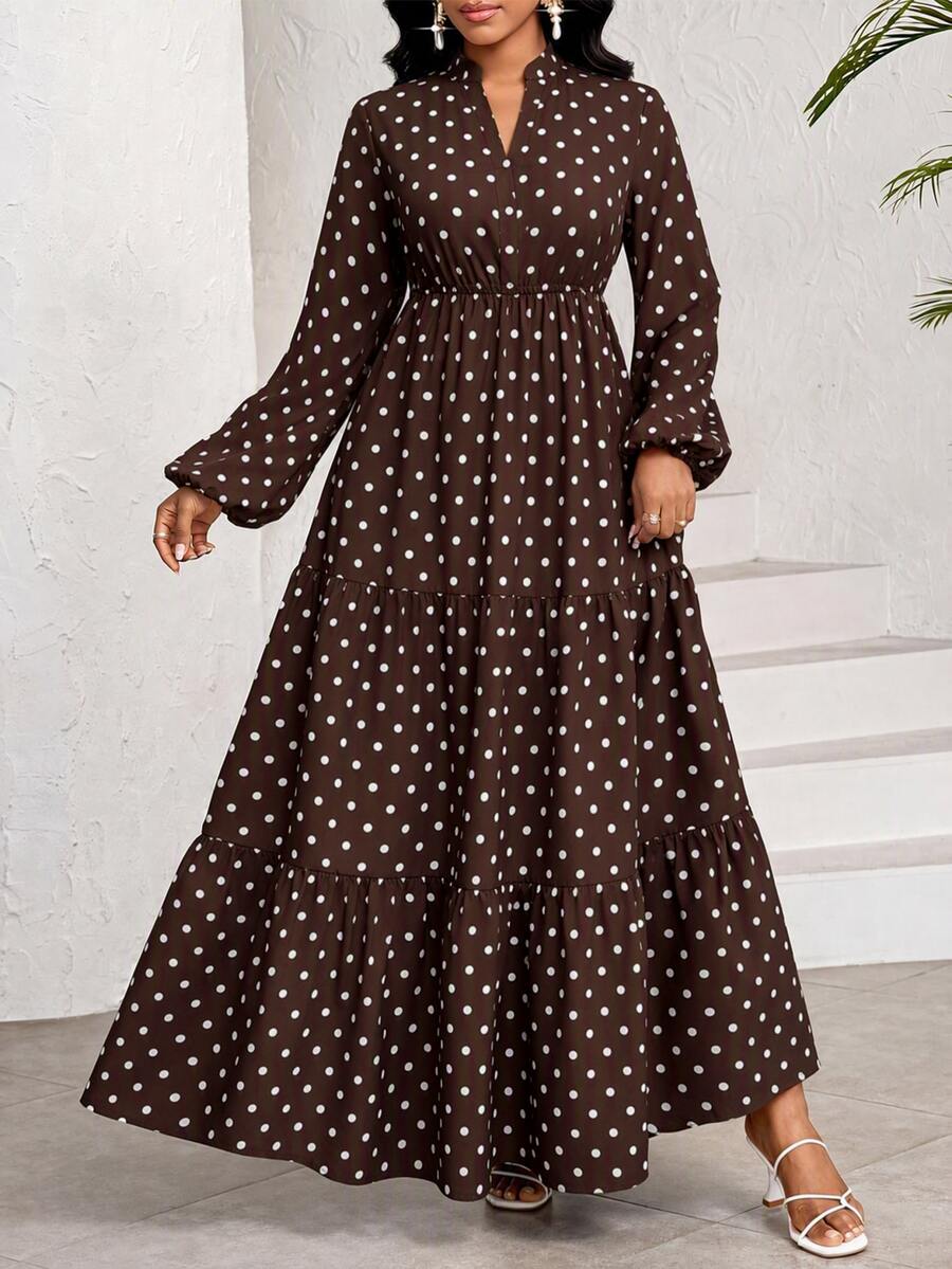 SHEIN Lady فستان عطلة بطبعة نقاط فرنسية وأكمام طويلة مقاس كبير - بني - مشاهدة 1