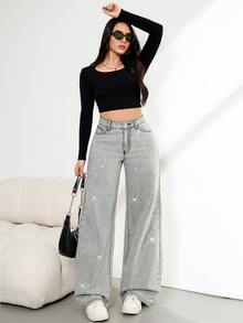 SHEIN Tall 女款水鑽裝飾口袋寬腿寬鬆休閒牛仔褲 - 灰色 - 查看 6