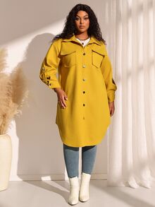 EMERY ROSE Plus Size Women Autumn/Winter Casual Vacation Country Solid Color Yellow Blouse Jacket With Pockets, Fall,Going Out,Business,Formal - Yellow - View 6