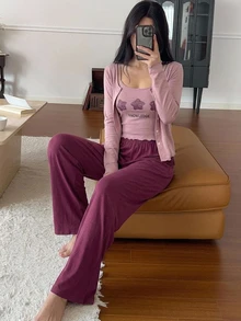DAZY 3pcs Women's Pajama Set: Star Pattern Camisole Top, Short Cardigan, Long Sleeve Jacket, Straight Long Pants - Purple - View 1