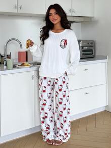 ZzzCrew HELLO KITTY AND FRIENDS | SHEIN طقم بيجامة نسائي من الصوف الناعم المضلع مع طباعة قطة KT ملابس منزلية مشتركة العلامة التجارية - أبيض - مشاهدة 6