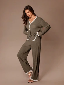 Lazeform Autumn/Winter V-Neck Cardigan Button Long Sleeve Lace Patchwork Top And Straight Leg Pants Women's Pajama Set - Brown - View 5