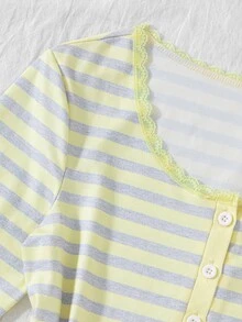 青少年女孩條紋長袖T恤：復古亨利領前開扣上衣，對比色細條紋Y2K風格服飾 - 彩色 - 查看 5