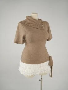 Sweetra CURVE Plus Size Women's Knit Short Sleeve Pullover Top With Bow - Khaki - View 4
