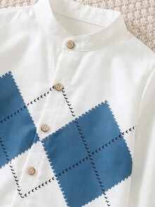 SHEIN 兒童小男孩學院風刺繡標誌立領長袖襯衫/長褲套裝 - 彩色 - 查看 5