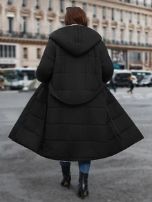 Reflora Plus Size Long Thick Thermal Lined Hooded Padded Coat For Autumn/Winter - Black - View 2
