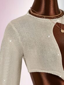 Amplova Women's Knit Jumpsuit Deep V-Neck Long Sleeve Vintage - Apricot - View 3
