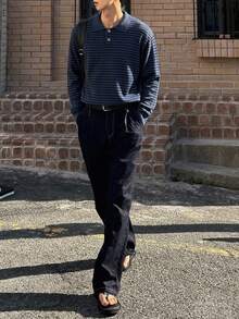 DAZY 春秋款海軍藍條紋提花長袖韓版男士針織上衣 - 藏蓝色 - 查看 3