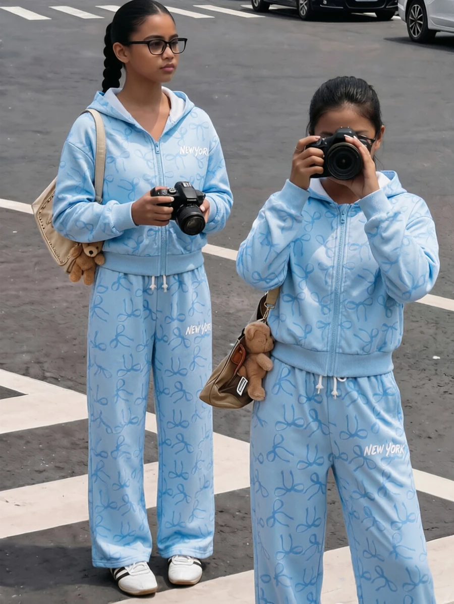 2件組 青少年女孩休閒連帽拉鍊短版夾克與鬆緊腰寬腿褲套裝,秋季 - 彩色 - 查看 1