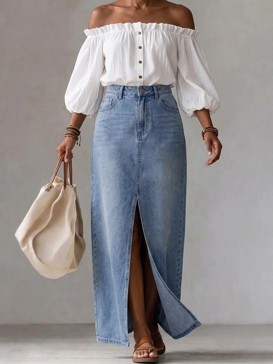 Balvessa Women's Casual Versatile Denim Skirt With Pockets And Buttons For Daily Wear - Blue - View 1