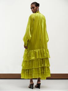 Aveloria Modichic Autumn/Winter Light Green Satin-Like Fabric Stand Collar Robe-Style Layered Ruffle Hem Long Sleeve Women's Extra Long Dress Elegant Party Dinner - Green - View 8
