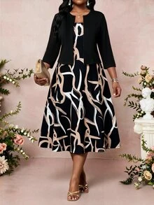 SHEIN Lady 大尺碼女款全印花洋裝與開襟衫休閒兩件套 - 彩色 - 查看 5