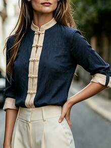 SHEIN New Chinese Style Color-Block Frog Button Stand Collar Shirt For ...