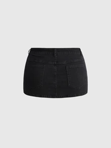ROMWE Grunge Punk Punk Cavalry Button Design Mini Bodycon Plus Size Denim Skirt (With Built-In Lining Leggings) - Black - View 2