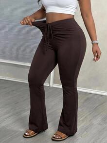 Slaydiva New Summer/Fall Plus Size Women's Brown Drawstring Ruched Bell Flared Pants/Y2k/Sexy/Party/Night Club/Holiday/Streetwear/Rave/Going Out/95%Cotton - Brown - View 7