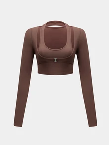 SHEIN Velisys Solid Color Halter Neck Cropped 2 In 1 Sports T-Shirt - Brown - View 1