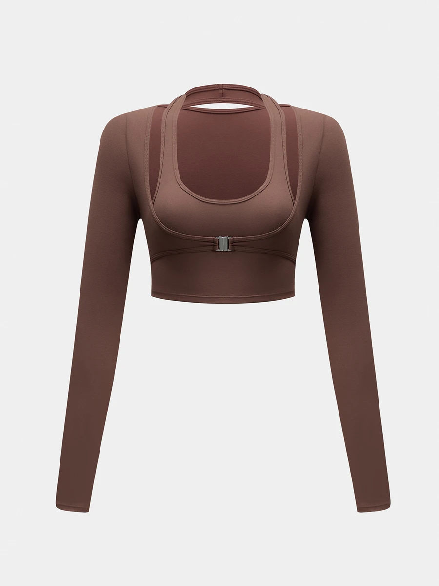 SHEIN Velisys Solid Color Halter Neck Cropped 2 In 1 Sports T-Shirt - Brown - View 1