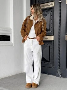 Pariaura Women's Fall Winter Brown Lapel Suede Fleece Panel Single-Breasted Jacket,Loose Long-Sleeve Top,Chic Occasion Wear For Daily Outing Commute Coat - Brown - View 3