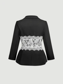 SHEIN MOD Plus Size Elegant Lace Patchwork Contrast Color Button Blazer - Black and White - View 2