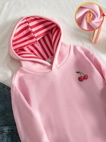 SHEIN Sparklyn 少女可愛櫻桃圖案條紋內裡連帽衛衣休閒長袖抓絨套頭衫秋冬日常上衣 - 粉色 - 查看 1