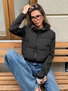 SHEIN LUNE 女款素色長袖前拉鍊休閒抽繩連帽冬季夾克 - 黑色 - 查看 4