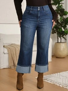 EMERY ROSE Plus Size Casual High-Waisted Straight-Leg Jeans, Comfort-Stretch Plus-Size Denim Pants,Cuffed Jeans,Weekend Outfit,Winter Outfit,Halloween,Christmas - Blue - View 7