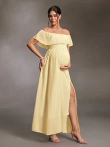 Cheriluna Maternity 優雅露肩荷葉袖側開衩A字雪紡孕婦洋裝 - 黃色 - 查看 4