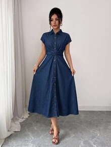 Elenzga Batwing Sleeve Ruched Button-Down Washed Denim Dress, Fashionable And Elegant - Dark Wash - View 6