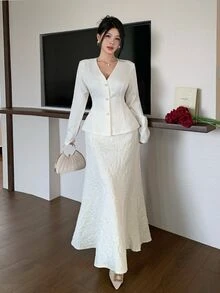 Modelyn Women's Elegant Long Sleeve Blazer And Textured Fitted Skirt Set, 2 Pieces Outfit, Suitable For Daily Wear, Commuting, Office, Dating - Apricot - View 4