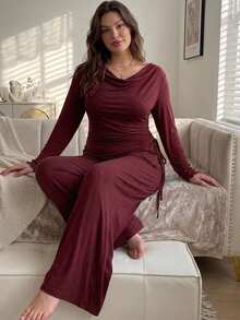 Dazy Plus Charming Solid Color Knitted Cowl Neck Waist-Cinching Top & Wide Leg Pajama Pants 2-Piece Loungewear Set - Burgundy - View 5