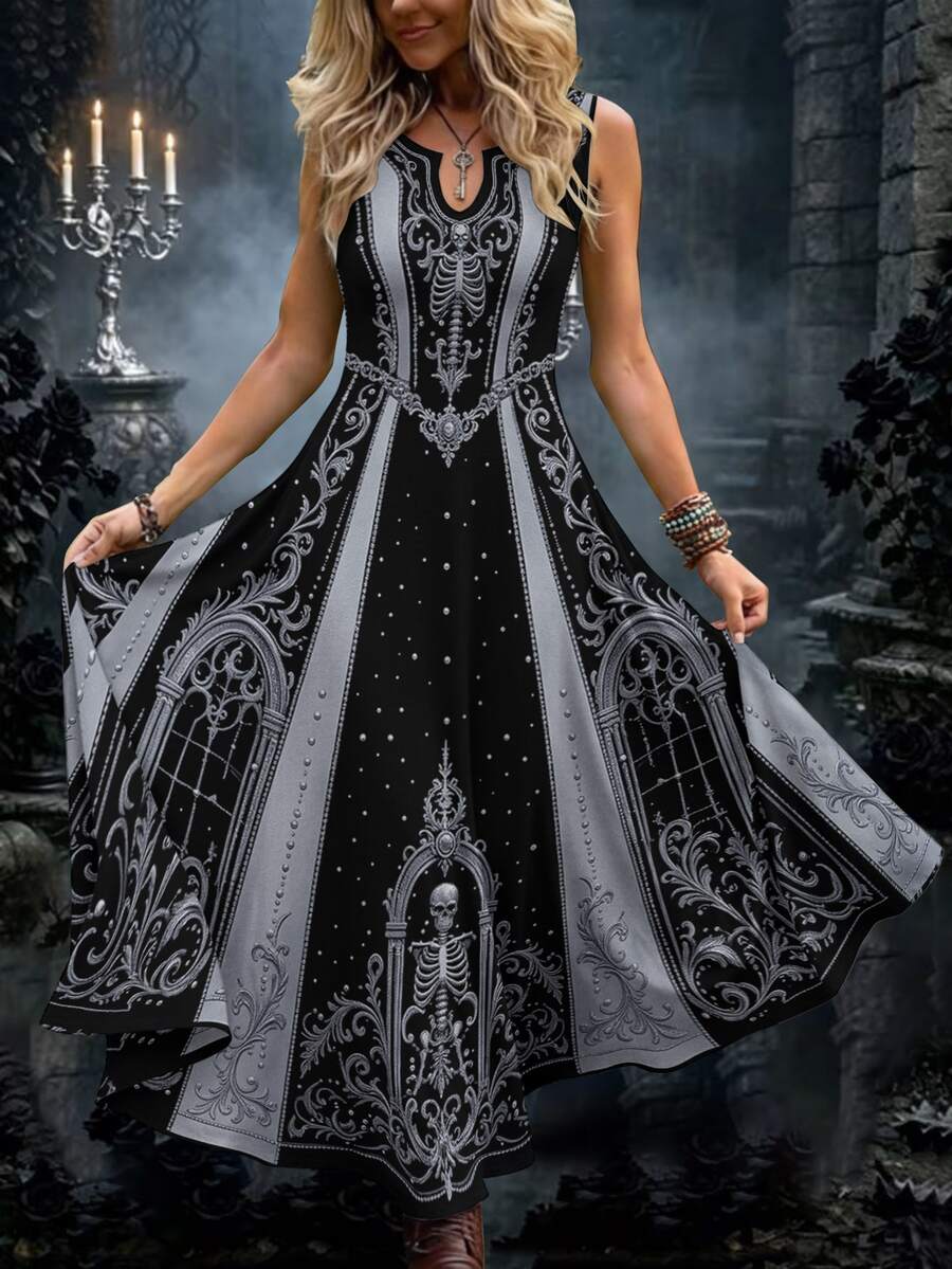 Breezaya 大尺碼女款萬聖節骷髏印花長洋裝,復古哥德風無袖鎖骨開口長擺派對洋裝 - 彩色 - 查看 1
