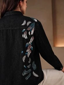 Anewsta 女款新款時尚重工刺繡奢華藍色襯衫牛仔褲 - 黑色 - 查看 2