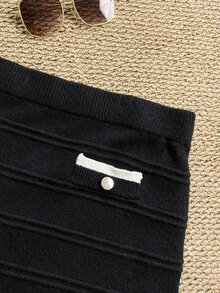 Grovea Plus Size Elegant Button Contrast Color Short Sleeve Knit Top And Mini Skirt Set - Black - View 4
