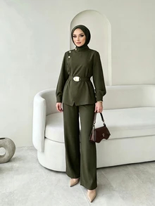 Celisse 女款秋季新款時尚優雅兩件套，時尚夾克搭配寬腿褲套裝 - 軍綠色 - 查看 4