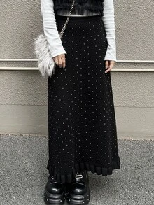 FRIFUL Women's French Polka Dot Print Sweater Midi Skirt For Date Fall - Black - View 3