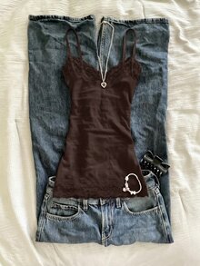 IslaSuriya Lace Patchwork Slim Fit Women's Camisole - Coffee Brown - View 1