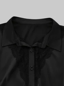 Modelyn Blus Elegan Wanita Ukuran Plus Lengan Panjang Berenda Kontras Warna Polos dengan Kancing Tunggal - Hitam - View 6