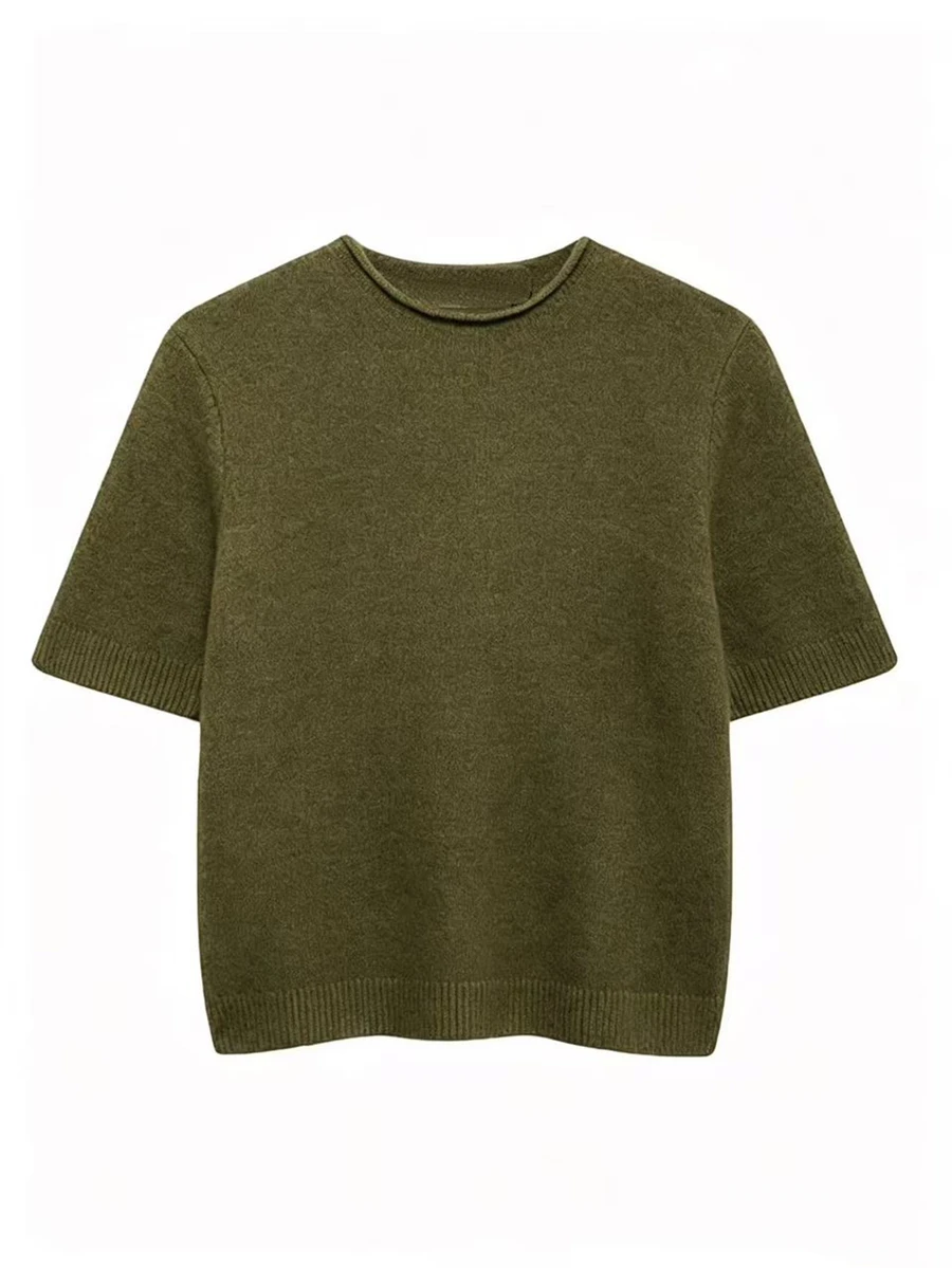 Olithes Women's Solid Color Short Sleeve Knit Top - Army Green - View 1