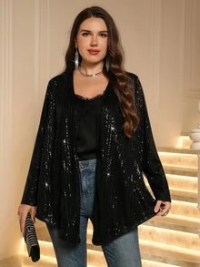 Miaspire Jaket Cardigan Payet Hitam Ukuran Plus Wanita Elegan untuk Musim Gugur - Hitam - View 2