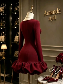 GlowEve Women's Elegant Party Dinner Ruffle Hem Dress Burgundy Winter - Burgundy - View 6