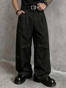 SLATEMANN Men's Black Long Pants, Loose Casual Versatile Long Pants, Rivet Design Cargo Pants - Black - View 3