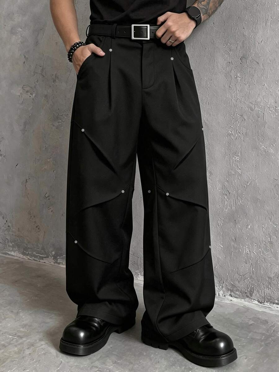 SLATEMANN Men's Black Long Pants, Loose Casual Versatile Long Pants, Rivet Design Cargo Pants - Black - View 1