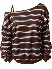 EMERY ROSE Women's Casual Vintage (70s Style) Minimalist Striped Print Brown Striped Plus Size Full-Width T-Shirt, Suitable For Back To School And Daily Autumn Wear - Multicolor - View 2